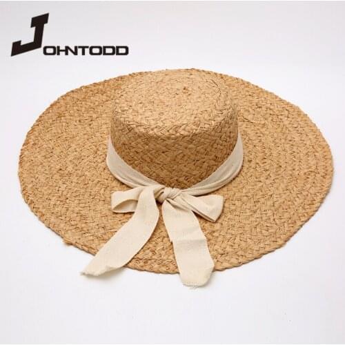 2021 New Casual Summer Women Straw Sun Hat Large Wide Brim Ladies White Bow Natural Raffia Panama Beach Holiday Straw Sun Caps