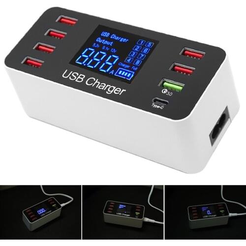 USB Phone Charger 8 Ports QC3.0 5V8A PD Type C Fast Charger Quick Charging3.0 Smart LED Display Charging Station Adapter Desktop