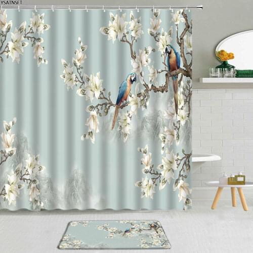 2Pcs Chinese Style Vintage Flower Bird Shower Curtain Plum Parrot Bathroom Non-Slip Bath Mat Cloth Curtains Decor Set Washable