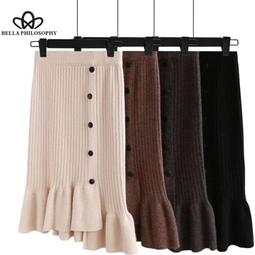 Bella Philosophy Warm Skirts Womens Winter Vintage Long Cashmere Skirt Casual Womens Sweater Skirt High Waist Black Ruffle Skirt