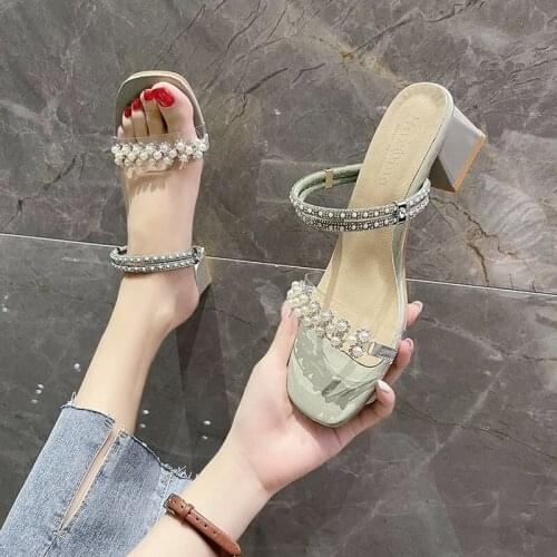 Pearl Flat Womens Slippers Transparent Fashion Sandals Casual Shoes High Heels Indoor Outdoor Square Heel Womens Sandals