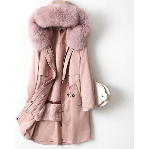 2020 Coat Female Real Rabbit Liner Parka Winter Jacket Women Fox Fur Collar Korean Long Trench Coats MY4089