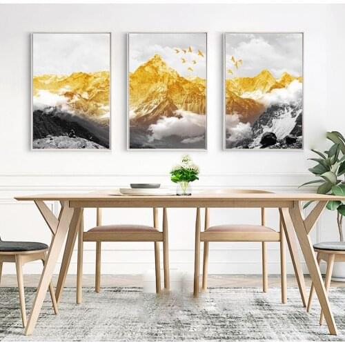 3 Piece Gold Mountains and Birds Canvas Wall Pictures for Living Room Home Decor Canvas Painting Decorative Picture Wall Art