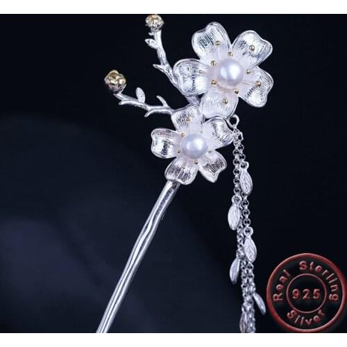 Amxiu Handmade Cherry Blossoms Tassel Hair Sticks Freshwater Pearls Hairpins 925 Sterling Silver Hair Jewelry Women Accessories