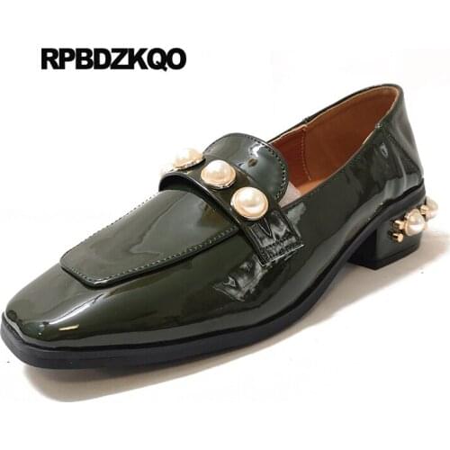 Big Size Ladies Low Heels Shoes Chunky 4 34 Patent Leather Square Toe Green Fur Pearl 2021 Discount Autumn Fashion 10 42 Cheap