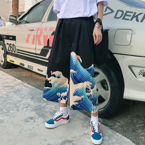 Summer Elastic Waist Loose Pants Women Clothing High Streetwear Hiphop Straight Vintage Japan Style Wave Print Wide Leg Trousers