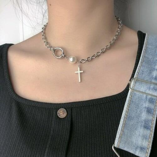 Fashion Geometric Gold Silver Color Clavicle Chain Chokers Chic Imitation Pearl Cross Pendant Choker Necklaces For Women Jewelry