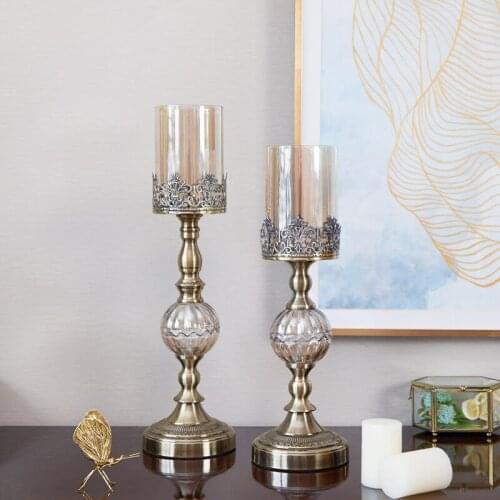 Europe Carving candleholders decoration Retro Metal Iron Craft Crystal Glass Candlestick Candlelight Dinner props Home Decor