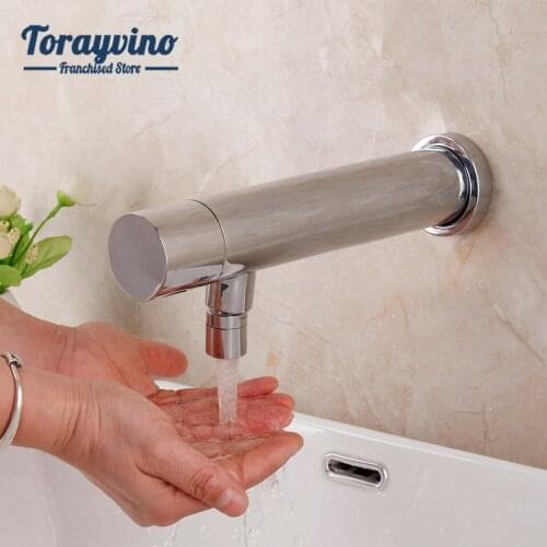 Chrome Polished Lavatory Bathroom Sensor Faucet Wall Mounted Automatic Hand Free Touch Sensor Basin Sink Only Cold Tap Faucet