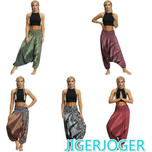 JIGERJOGER 2019 New SUMMER thin 3D Print Loose plus Large Size Baggy Pants Lantern wide Leg Pants Peacock feather Thai Boho pant