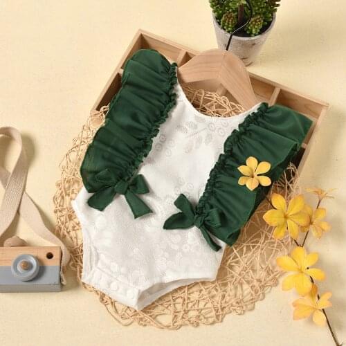 Newborn Baby Girls Princess Rompers Fly Sleeve Ruffled Lace Floral Print Bow Jumpsuits 0-24M