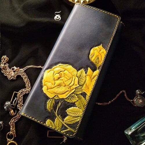 Handmade Yellow Wild Rose Wallets Lady Purses Women Long Clutch Vegetable Tanned Leather Wallet Card Holder