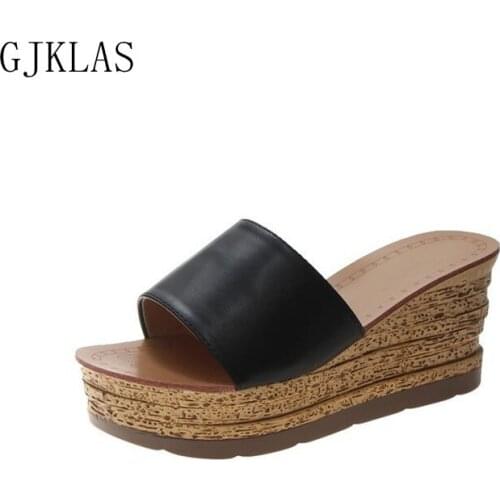 Leather Slipper Platforms Wedges Shoes for Women High Heel Slippers Women Summer Casual Shoes Women Black Platform Slippers Heel
