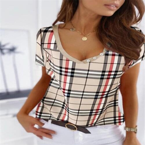 Summer Elegant Plaid Women thirts Butoon Short Sleeve t-shirts Sexy V-Neck Slim Tops Ladies Fashion Plus Size Tee Tops Pullovers