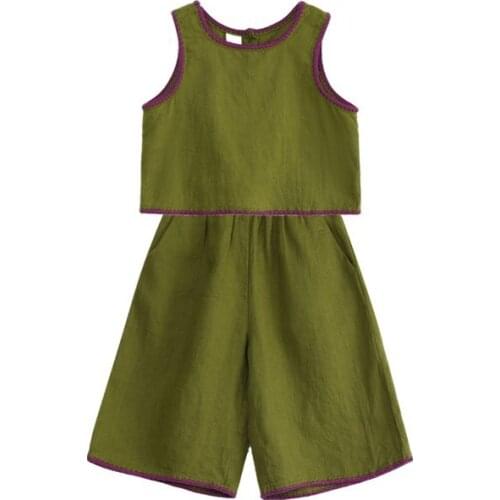 Girls' Summer Suit Simple Linen Vest Round Neck Top Wide Leg Pants Army Green Shell Embroidery Hem Decoration 2021 New Children