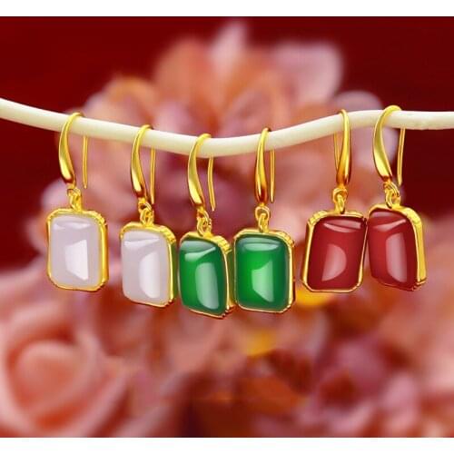 FASHION NATURAL EMERALD JADE JEWELRY 14K GOLD EARRING FOR WOMEN GEMSTONE DROP EARRINGS CHALCEDONY STONE EARRINGS BIRTHDAY GIFT