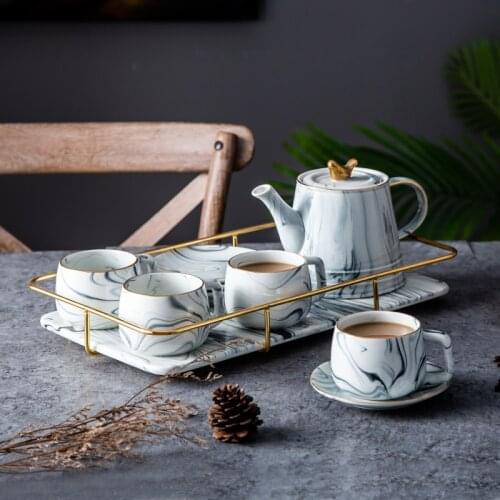 Nordic style Marble ceramics Tea set coffee milk teapot Cup and saucer set tray living room dining table Home Decorations