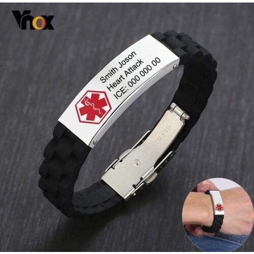 Vnox Soft Comfort Wear Silicone Wristband for Men Personalize Medical Bracelet Stainless Steel ID Tag AUTISM Emergency Reminder