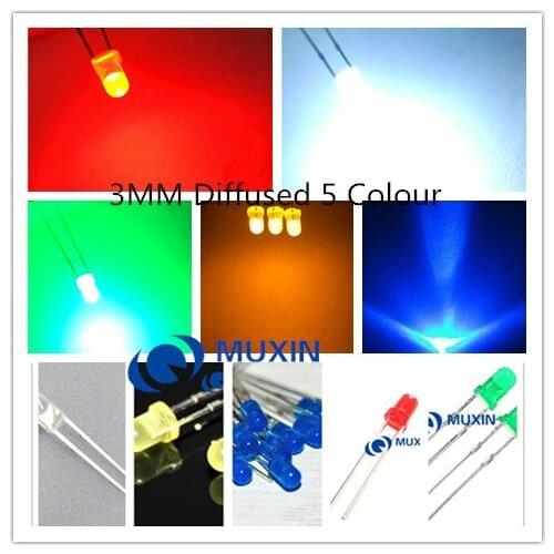 DIY Kits 100pcs Bright 3mm Round Top 5 Colors Diffused Light-emitting Diodes LEDs to DIY low power consumption Diodes kits