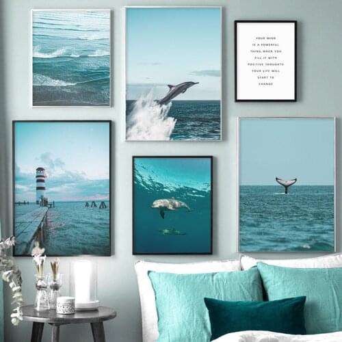 Nordic Blue Ocean Boat Lighthouse Poster Seascape Wall Art Canvas Painting Print Wall Picture for Living Room Home Decoration