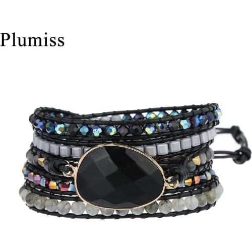 Plumiss Onyx Charm Wrap Bracelet for Women Gray Labradorite Crystal Natural Stone Bracelets Boho Lovers Jewelry Dropshipping
