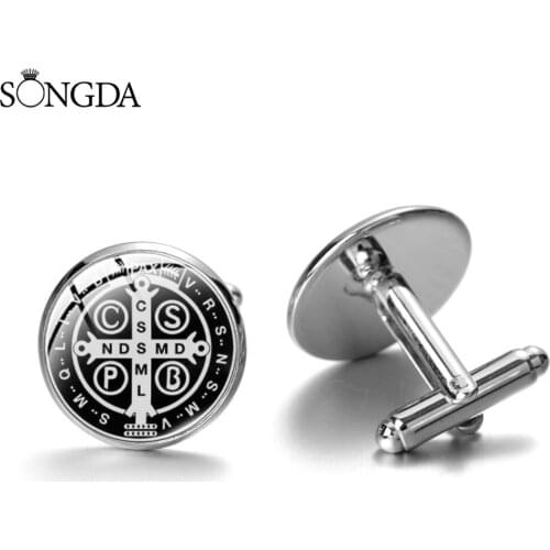 Saint Benedict Medal Cross Creative Cufflinks Art Picture Glass Dome Pattern Cuff Links Mens Shirt Suit Accessories Women Gift