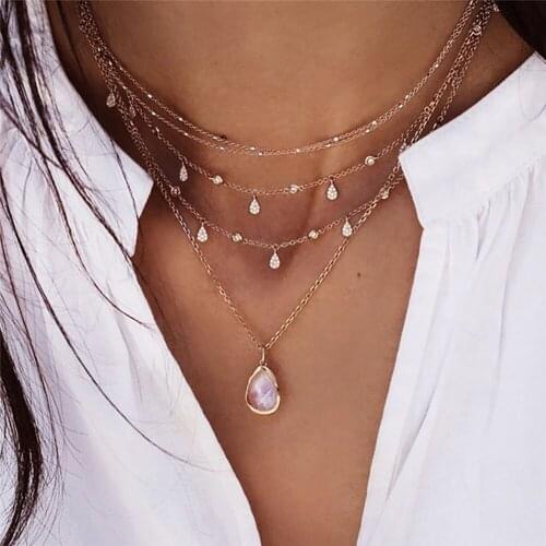 New 2020 Boho Fashion Crystal Pendant Necklaces For Women Vintage Gold Water Drop Opal Necklace Multilayer Female Jewelry Gift