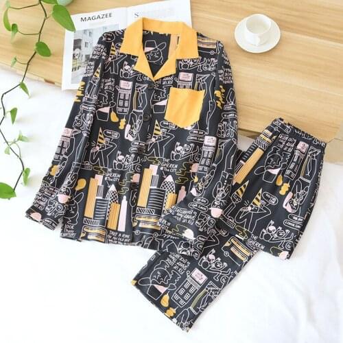 Spring Couple Pajamas Long-sleeved Knitted Cotton Sleepwear Comic Cartoon Printing Pajama Set Women and Men Loungewear Two Piece