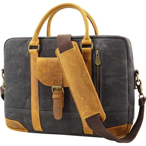 Men Canvas Genuine Leather Shoulder Bag Large Capacity 13inch Laptop Briefcase Bags Documents Messenger Bag Vintage Business bag