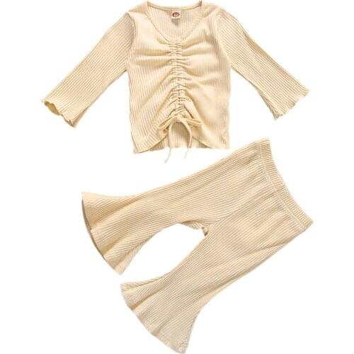 Pudcoco Baby Flared Sleeve Set Solid Color Long Sleeve Lace-up Top+Elastics Waist Pant 2020 Spring Autumn Kids Girl Clothes 0-3T