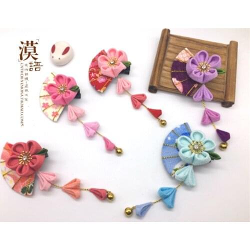 Hand Made Hairpin Cotton Cloth Hair Clip Cherry Barrettes Japanese Style Anime Cosplay Custom Made Accessories Kimono Fan