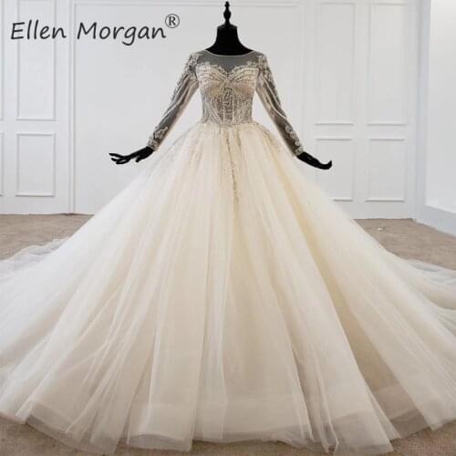 Luxury Crystals Ivory Ball Gowns Wedding Dresses 2020 Elegant Boat Neck Lace up Ruffles Princess Bridal Gowns Vestido de Novia