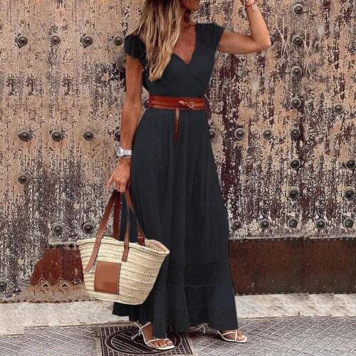 Party Dress Short Sleeve Large Hem V Neck High Waist Belt Women Maxi Dress Sundress Summer clothes for Women 2021 vestidos