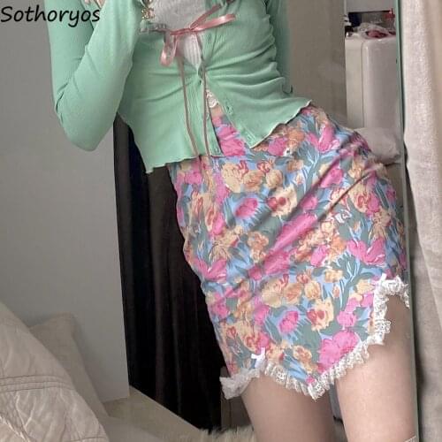 Women Floral Skirts Above Knee Irregular Lace Sweet Vintage Hot Sexy Teens All-match Lovely Temperament Gentle Japan Style Chic