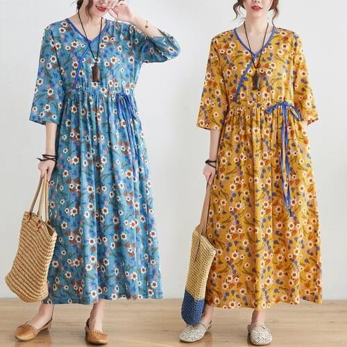 2021 New Elegent Soft Cotton Female Summer Holiday Print Dress Women V-Neck Three-Quarter Sleeve Maxic Casual Dress