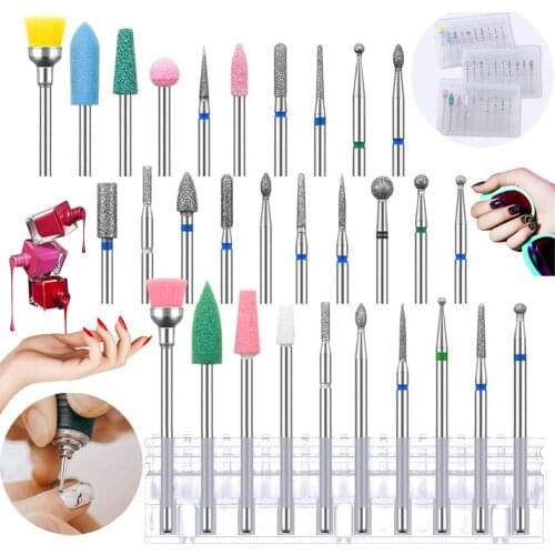 30 Pieces Diamond Nail Drill Bits With Brushes Cuticle Cleaner Bit for Acrylic Nail Gel Nail Fine Grits Bits for Electric Drill