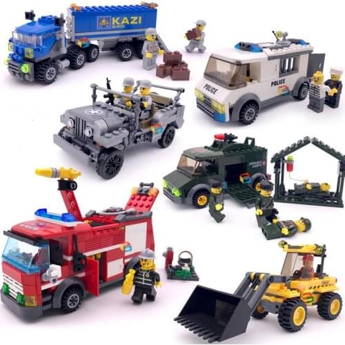 6 style City Bulldozer and Fire Truck/Prisoner Transport Blocks City Police Station Bricks Building Blocks Sets Education Toy