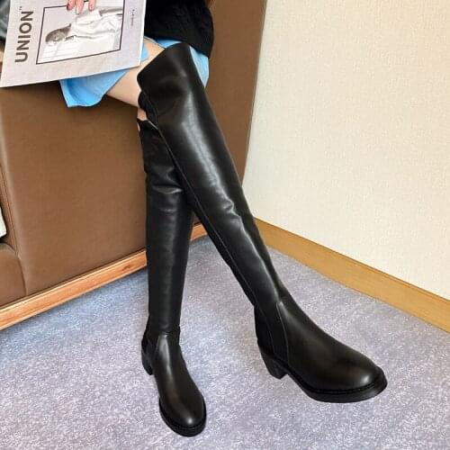 Black Genuine Leather Women Silm Over The Knee High Boots Winter Riding Boots Zipper Stretch Boots Party Shoes Woman