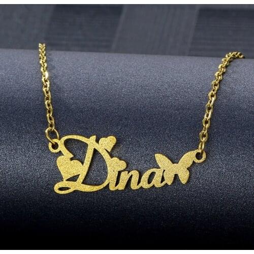 Customized Stainless Steel Frosted Name Necklace Butterfly Personalized Letter Gold Choker Pendant Nameplate for Women Gift