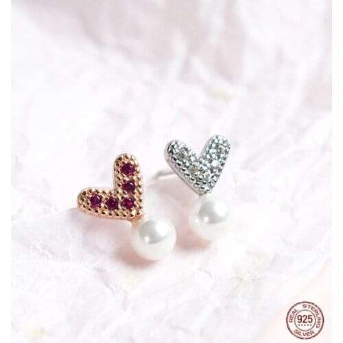 LKO 925 Sterling Silver Love Heart Earrings Female Pearl Hearts Inlaid Zircon Crystal Earrings for Girl Friend Jewelry Gifts