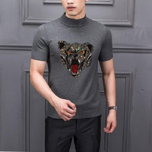 Hot Rhinestones In Stock Good Quality Sweater Exaggerated Pattern Black Knitted Brand Mens T-Shirt Short Sleeves