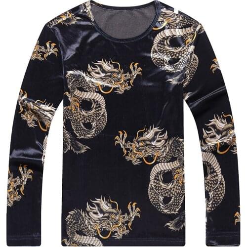 Chinese style dragon totem pattern printing boutique long sleeve t shirt Autumn 2018 quality soft comfortable velvet t shirt men