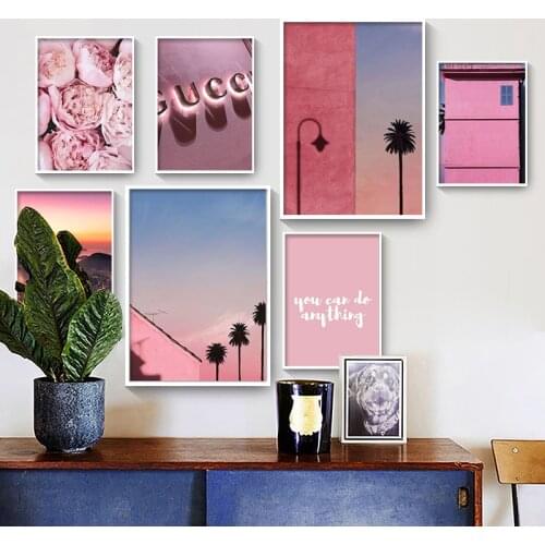 Nordic Posters And Prints Wall Art Canvas Painting Pink City Flower Light Beach Girl Photo Wall Pictures For Grils' Room Decor