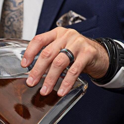 8mm Black Tungsten Carbide Wedding Band with KOA Wood Stripe Inlay Mens Ring