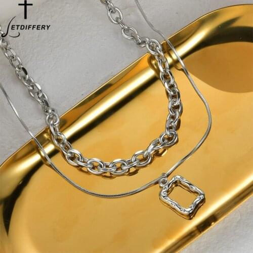 Letdiffery New Square Pendant Necklace Stainless Steel Multi Layer Irregular Necklaces Braided Chain Jewelry for Women Men Gifts