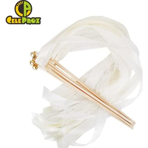 50Pcs Ivory Ribbon Wands Lace Fairy Stick With Bells Wedding Twirling Streamers DIY Wedding Birthday Favors Wedding Ribbon Wands