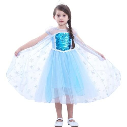 Girls Dress Blue Snow Princess Costume Cosplay Halloween Purim Children Dresses Kids Dress Up for Girls