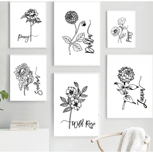 Wild Flower Botanical Black White Line Drawing Painting Canvas Posters and Print Modern Nordic Decorative Pictures Home Decor