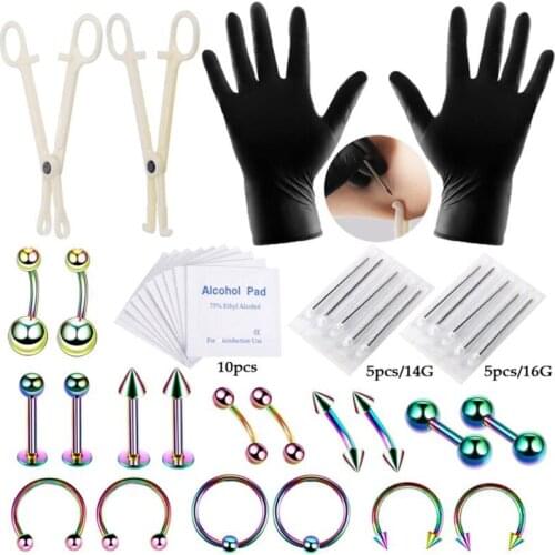 Professional Stainless Steel Piercing Navel Tool Kit Belly Ring Tongue Tragus Nipple Lip Eyebrow Nose Body Piercing Jewelry