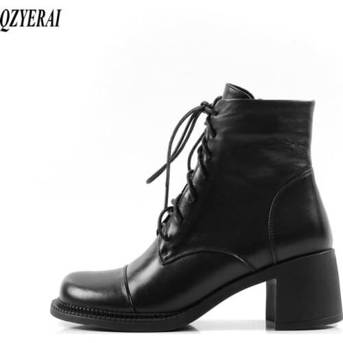 QZYERAI 2020 new thick heel round head ankle boots Genuine leather lacing Martin boots thick sole thick heel casual rider boots